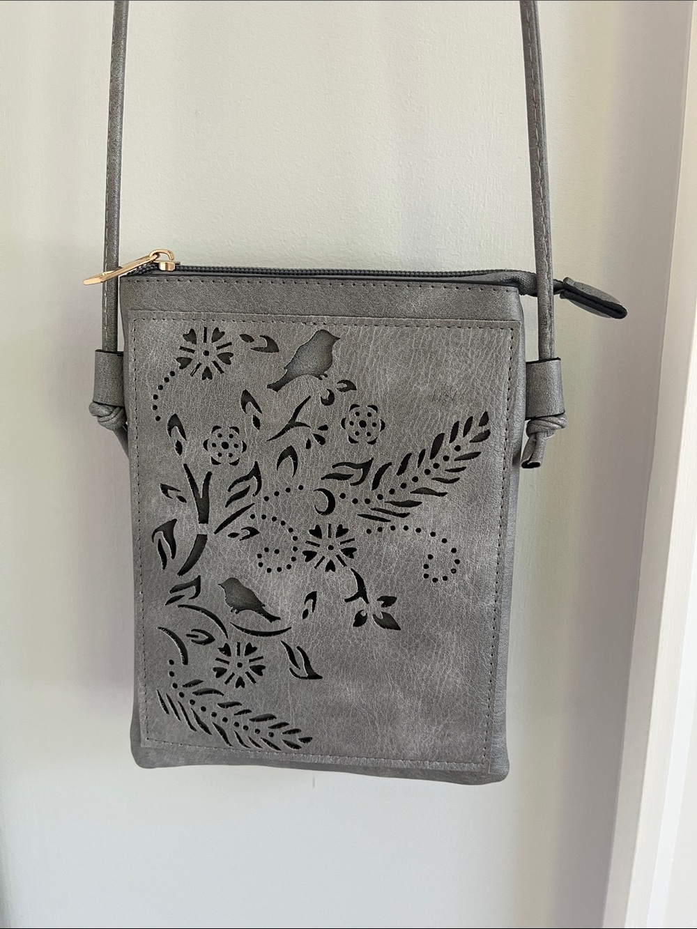 Gray Floral Laser-Cut Crossbody Bag